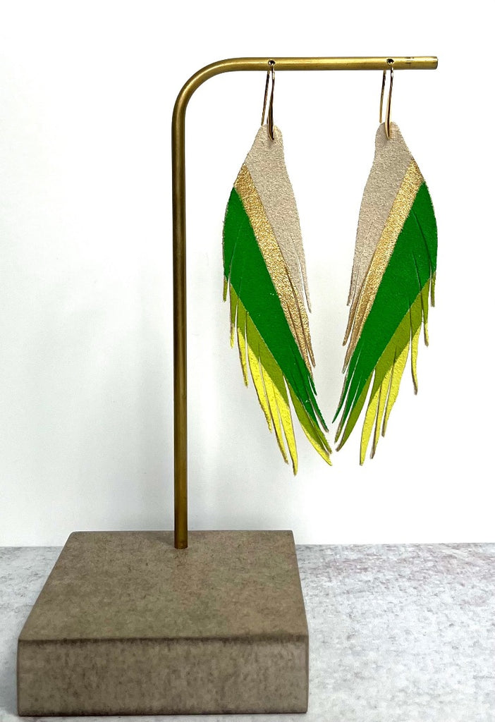 Diagonal Stripe Leather Earrings - Gold/Festive Green/Citus/Celery-Short Feather Leather Earrings-Wholesale-Boutique-Clothing-Accessories