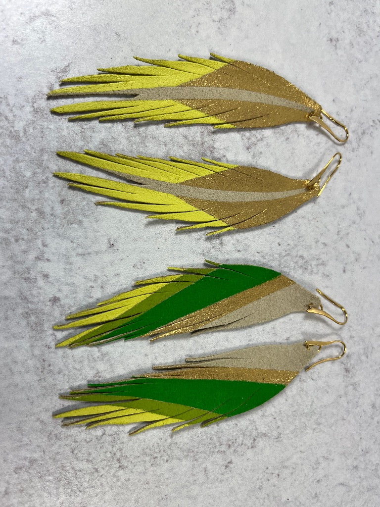 Short Feather Leather Earrings - Gold/Celery Green-Short Feather Leather Earrings-Wholesale-Boutique-Clothing-Accessories