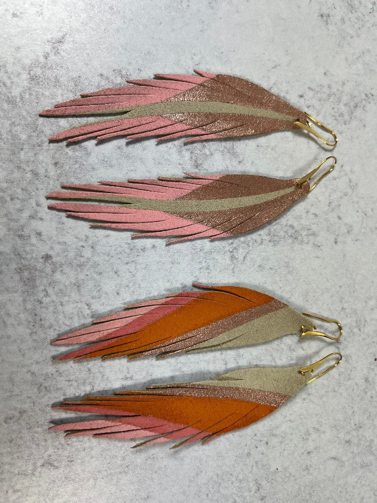 Diagonal Stripe Leather Earrings - Gold/Buttercup Orange/Vintage Pink/Cotton Candy Pink-Short Feather Leather Earrings-Wholesale-Boutique-Clothing-Accessories