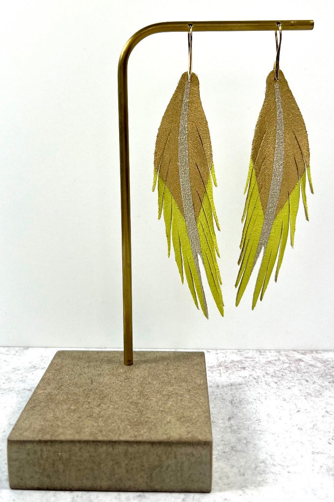 Short Feather Leather Earrings - Gold/Celery Green-Short Feather Leather Earrings-Wholesale-Boutique-Clothing-Accessories