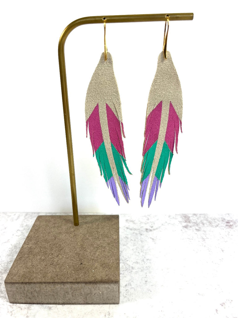 Short Feather Chevron Leather Earrings - Hot Pink/South Beach/Lilac-Short Feather Leather Earrings-Wholesale-Boutique-Clothing-Accessories