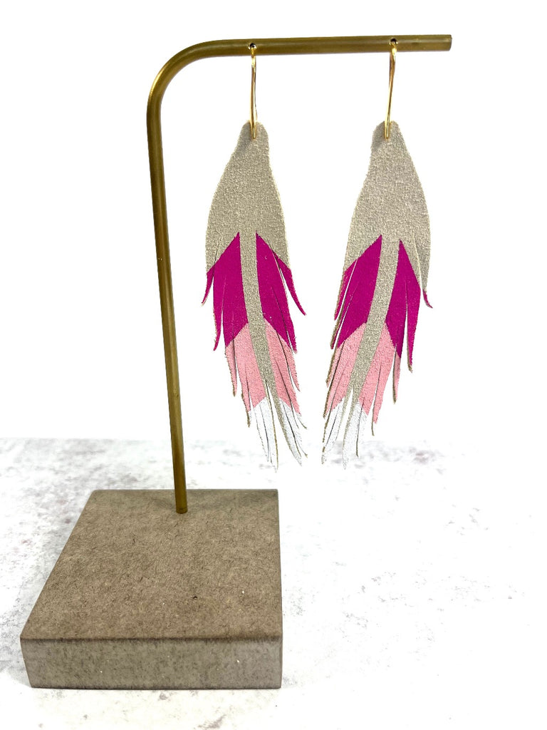 Short Feather Chevron Leather Earrings - Fuchsia Pop/Cotton Candy/White-Short Feather Leather Earrings-Wholesale-Boutique-Clothing-Accessories