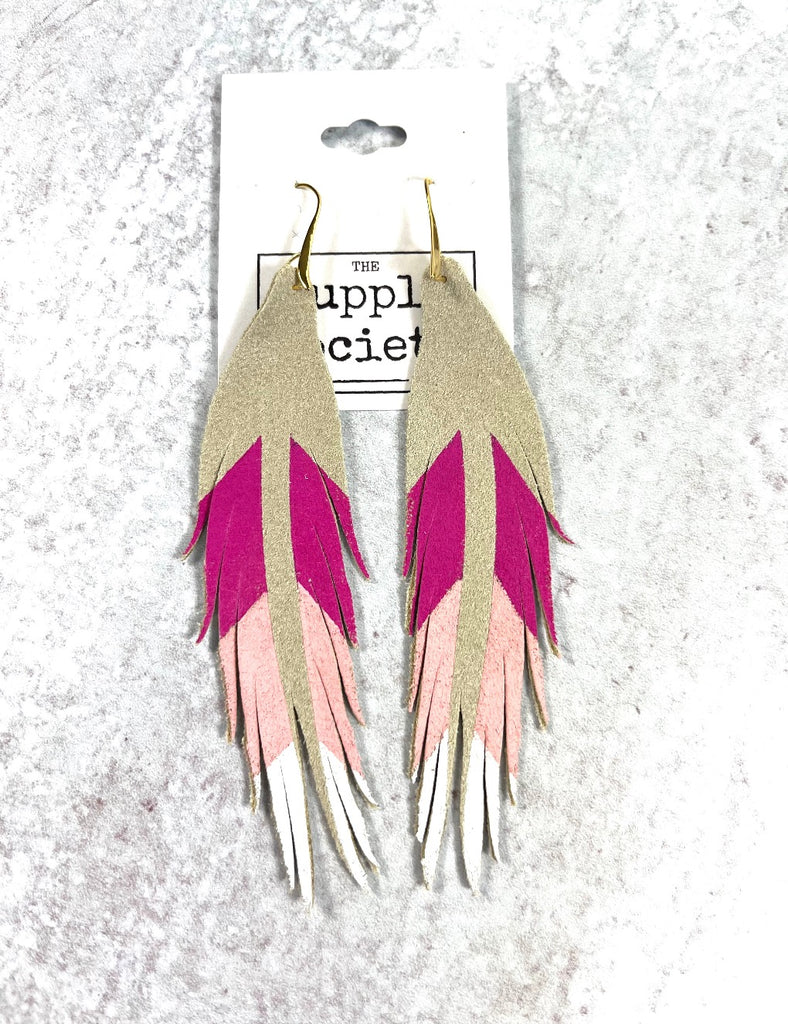 Short Feather Chevron Leather Earrings - Fuchsia Pop/Cotton Candy/White-Short Feather Leather Earrings-Wholesale-Boutique-Clothing-Accessories