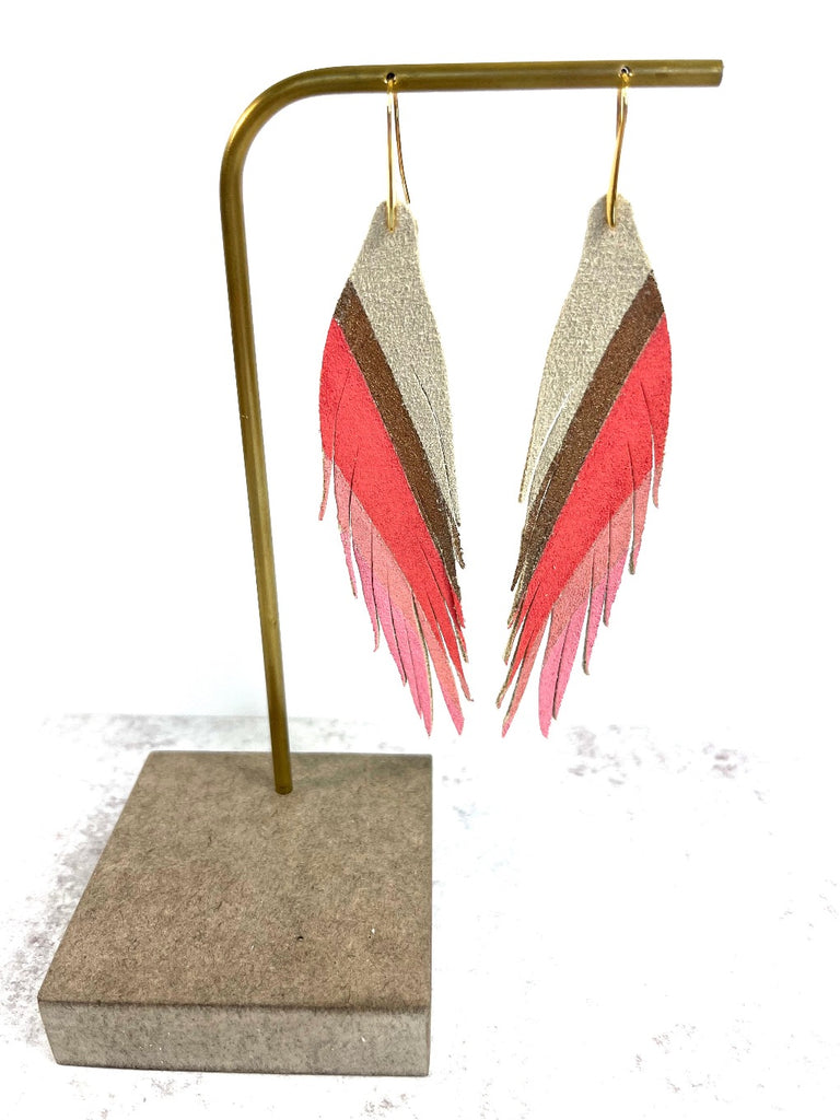 Diagonal Stripe Leather Earrings - Bronze/Coral Cove/Georgia Peach/Petal Pink-Short Feather Leather Earrings-Wholesale-Boutique-Clothing-Accessories