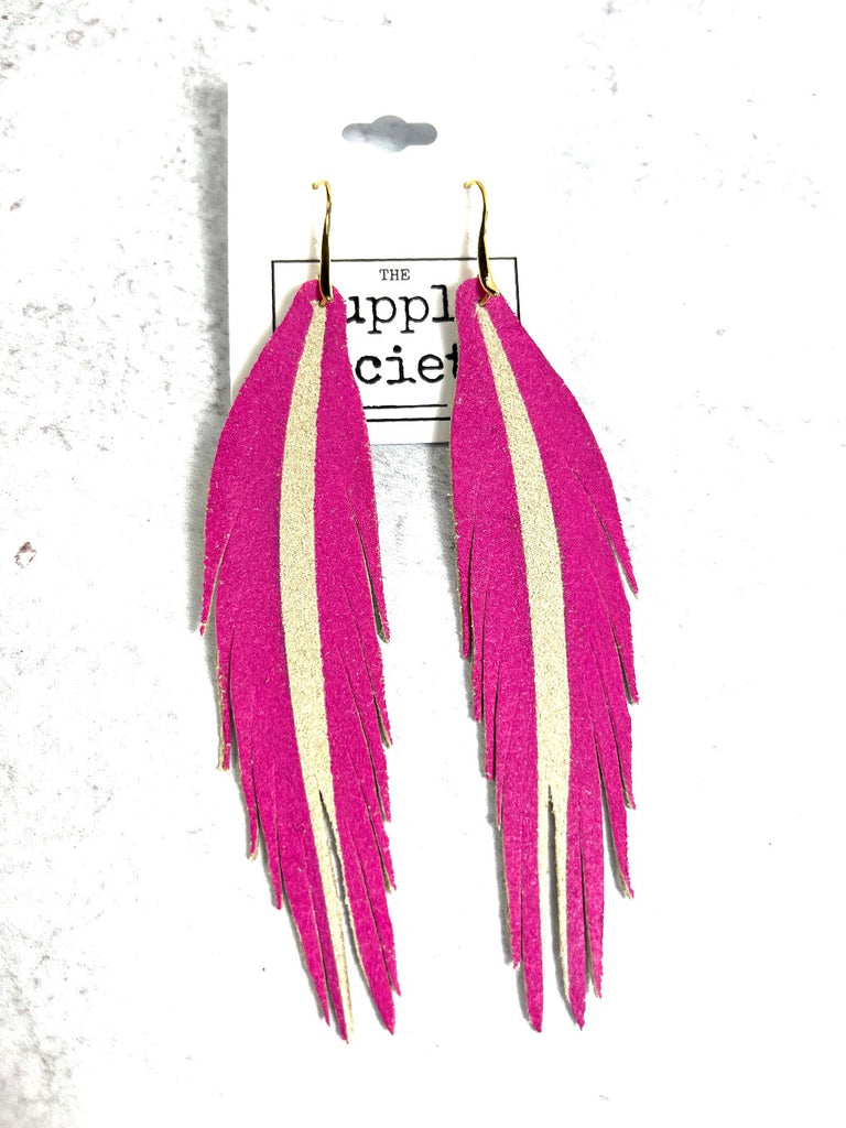 Short Feather Leather Earring - Fushia Pop-Short Feather Leather Earrings-Wholesale-Boutique-Clothing-Accessories