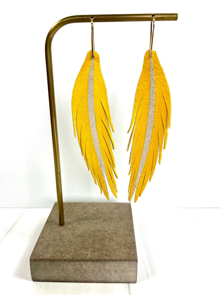 Short Feather Leather Earring - Texas Wildflower Sunflower - Golden Yellow-Short Feather Leather Earrings-Wholesale-Boutique-Clothing-Accessories