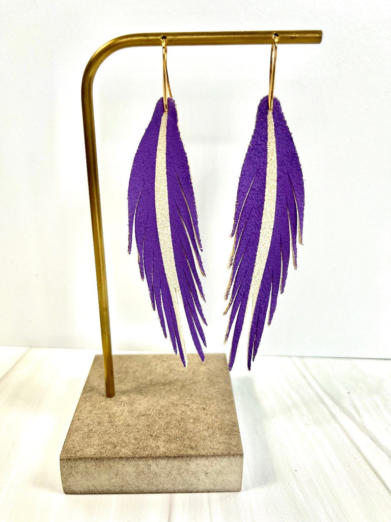Short Feather Leather Earring - Texas Wildflower Lavender - Lavender-Short Feather Leather Earrings-Wholesale-Boutique-Clothing-Accessories