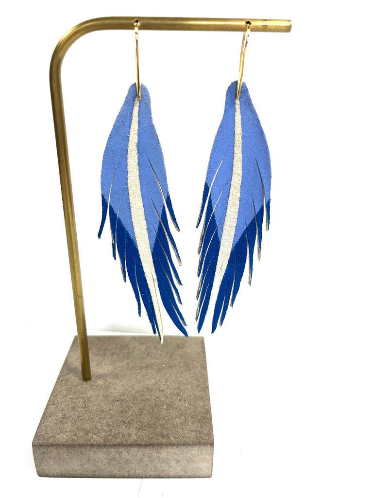 Short Feather Leather Earrings - Texas Wildflower Bluebonnet - Periwinkle/Vivid Blue-Short Feather Leather Earrings-Wholesale-Boutique-Clothing-Accessories