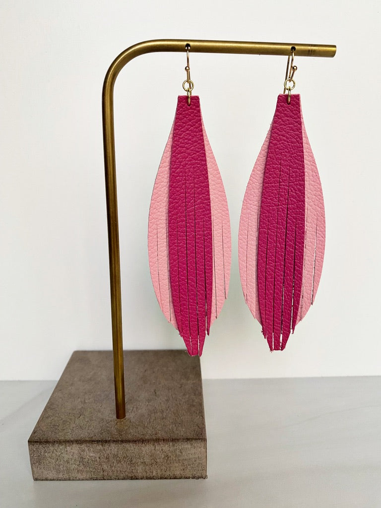 Stacked Leaf 2 Layer Leather Earrings - Soft Pink Fuchsia-Leather-Wholesale-Boutique-Clothing-Accessories