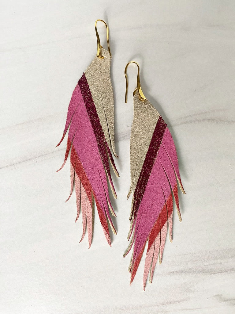 Diagonal Stripe Leather Earrings - Razzleberry Glitter Hot Pink Red Pink-Short Feather Leather Earrings-Wholesale-Boutique-Clothing-Accessories