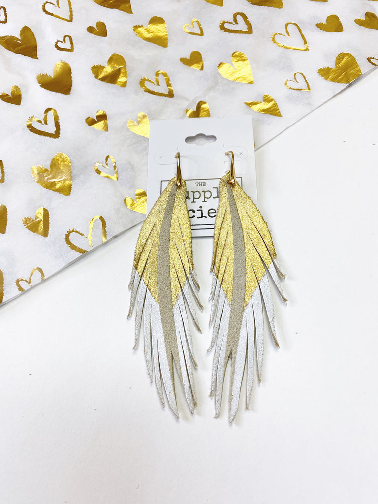 Short Feather Leather Earrings - Gold/White Painted-Short Feather Leather Earrings-Wholesale-Boutique-Clothing-Accessories