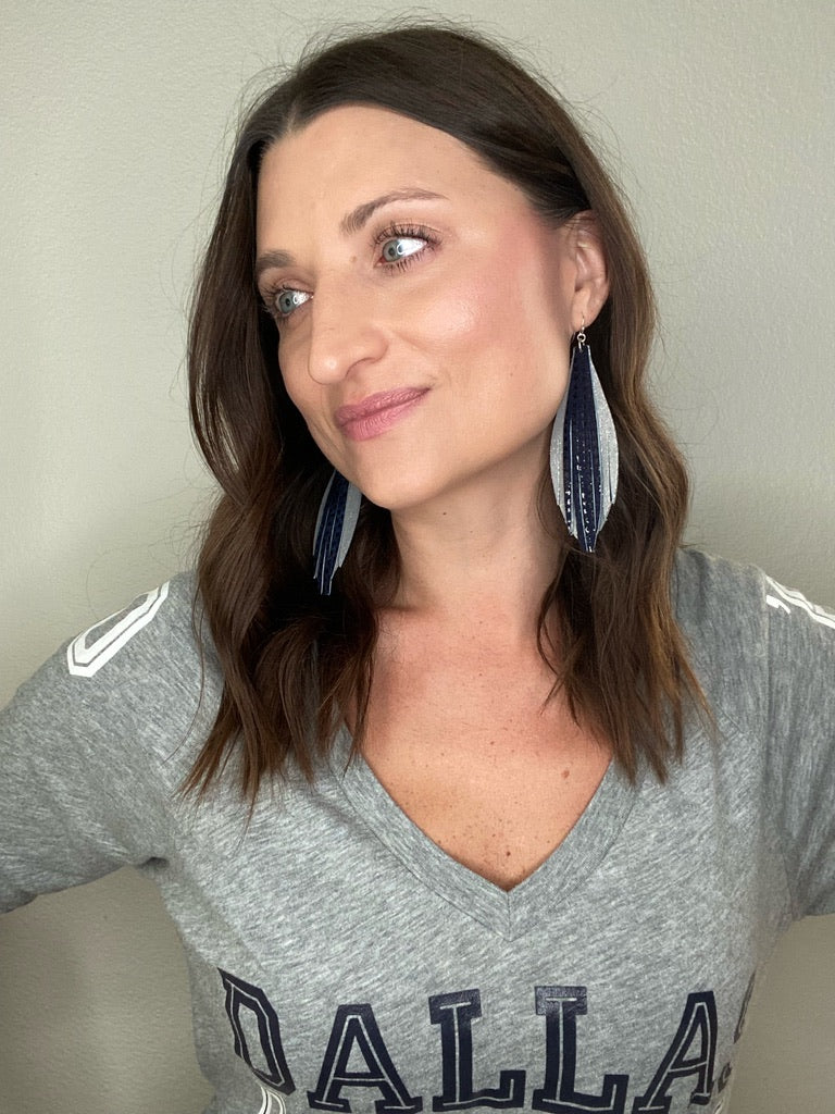 Stacked Leaf Leather Earrings - Navy Star Silver-Leather-Wholesale-Boutique-Clothing-Accessories