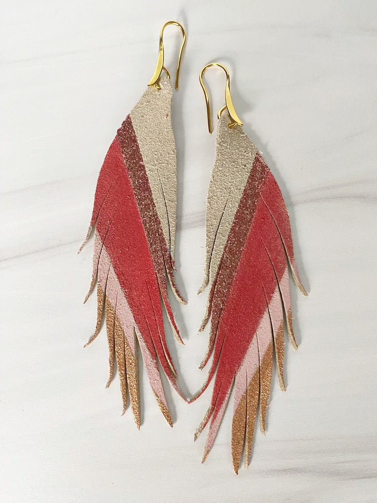 Diagonal Stripe Leather Earrings - Gold Hot Pink Red Pink-Short Feather Leather Earrings-Wholesale-Boutique-Clothing-Accessories