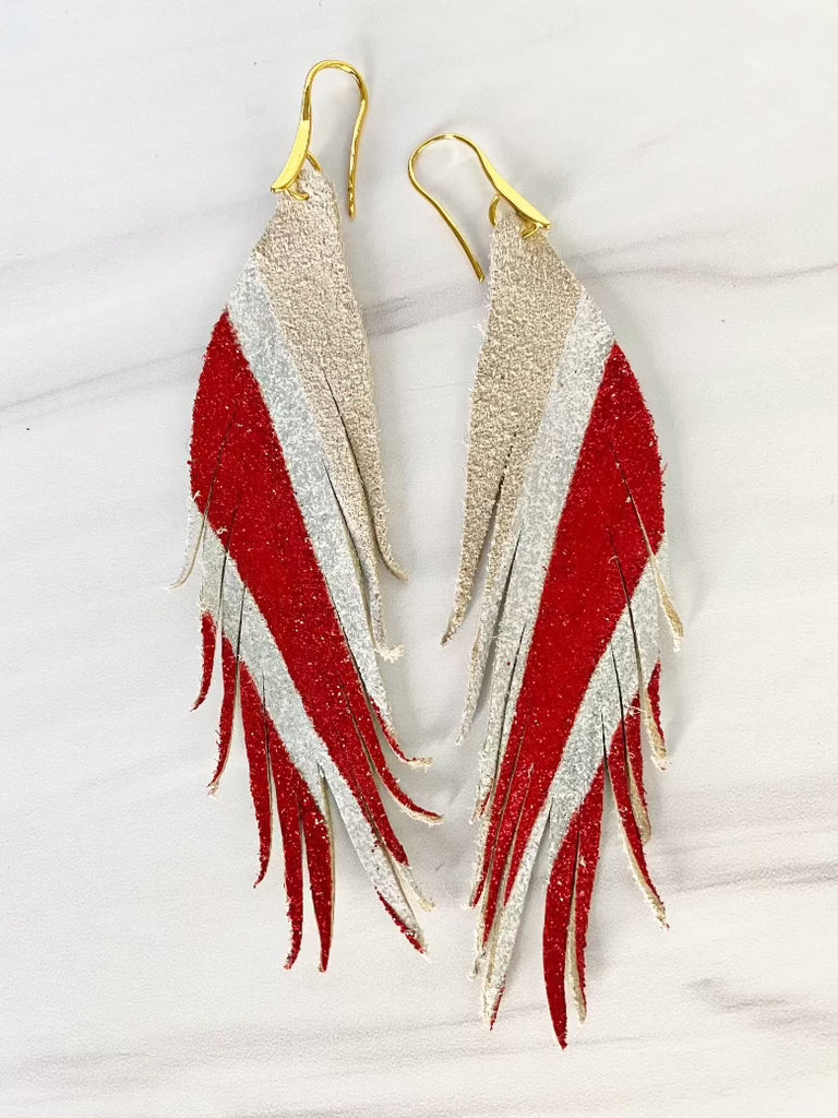 Diagonal Stripe Leather Earrings - Red White Glitter-Short Feather Leather Earrings-Wholesale-Boutique-Clothing-Accessories