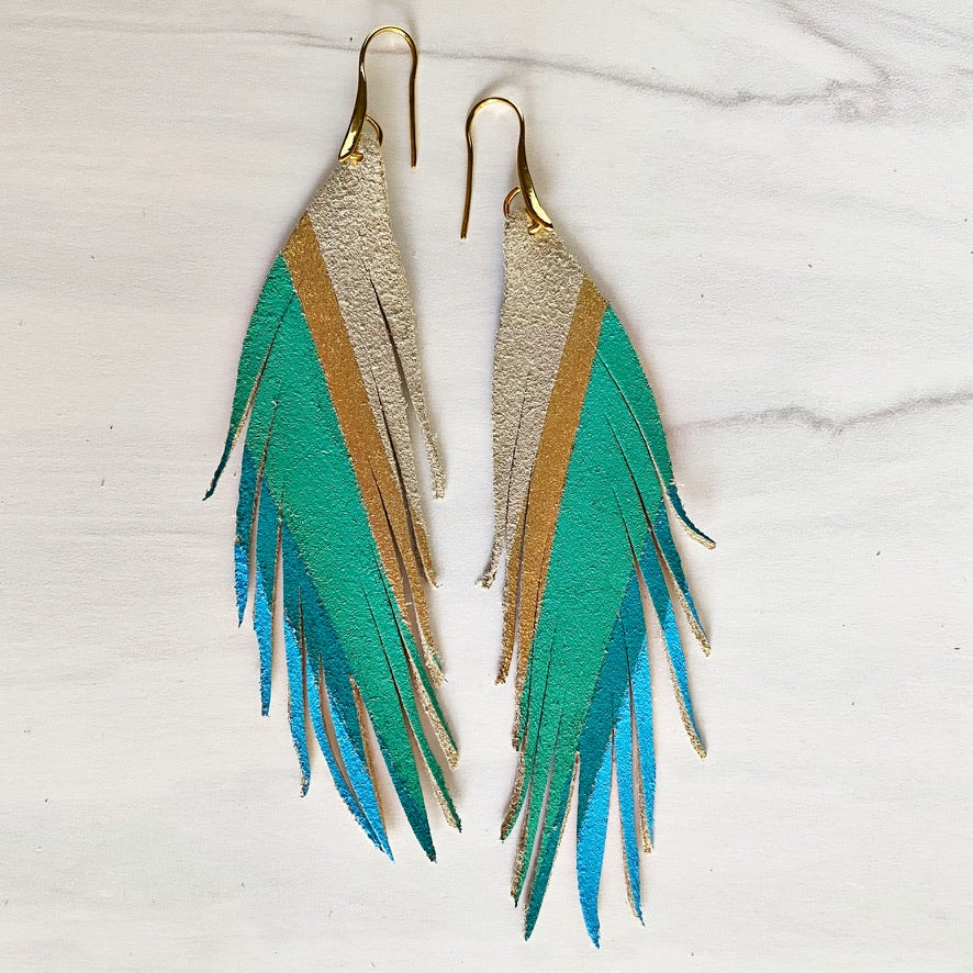 Short Feather Diagonal Stripe Leather Earrings - Blue Gold-Short Feather Leather Earrings-Wholesale-Boutique-Clothing-Accessories