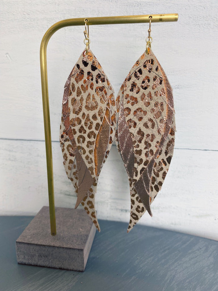Boho Layered Leather Earrings - Italian Rose Gold Leopard-Wholesale-Boutique-Clothing-Accessories