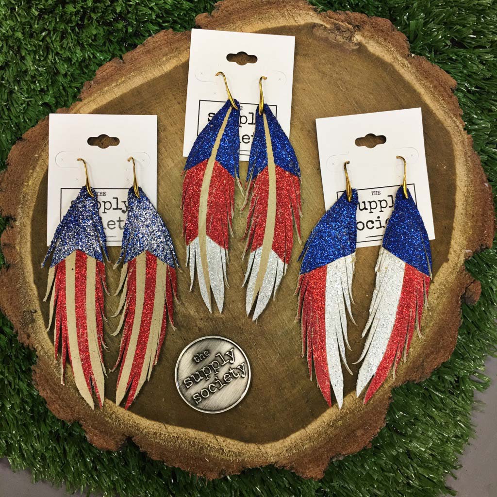 Red White and Blue Short Feather Leather Earring - Texas Flag-Short Feather Leather Earrings-Wholesale-Boutique-Clothing-Accessories