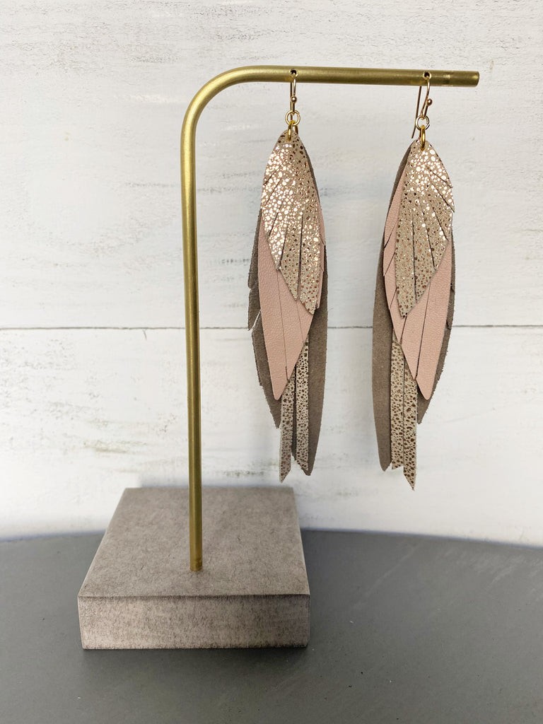 Layered Feather with Tassel Earrings - Pink Taupe-Layered Leather Earrings-Wholesale-Boutique-Clothing-Accessories