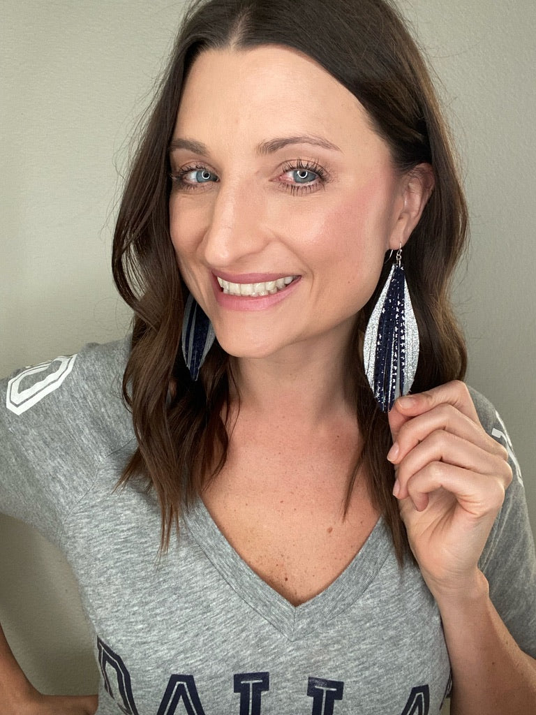 Stacked Leaf Leather Earrings - Navy Star Silver-Leather-Wholesale-Boutique-Clothing-Accessories