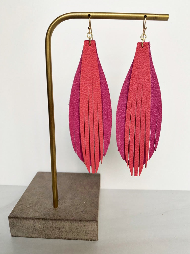 Stacked Leaf 2 Layer Leather Earrings - Fuchsia Coral-Leather-Wholesale-Boutique-Clothing-Accessories