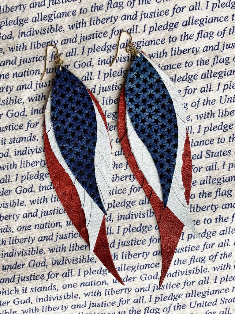 Boho Layered Leather Earrings - Red White Blue Stars-Wholesale-Boutique-Clothing-Accessories