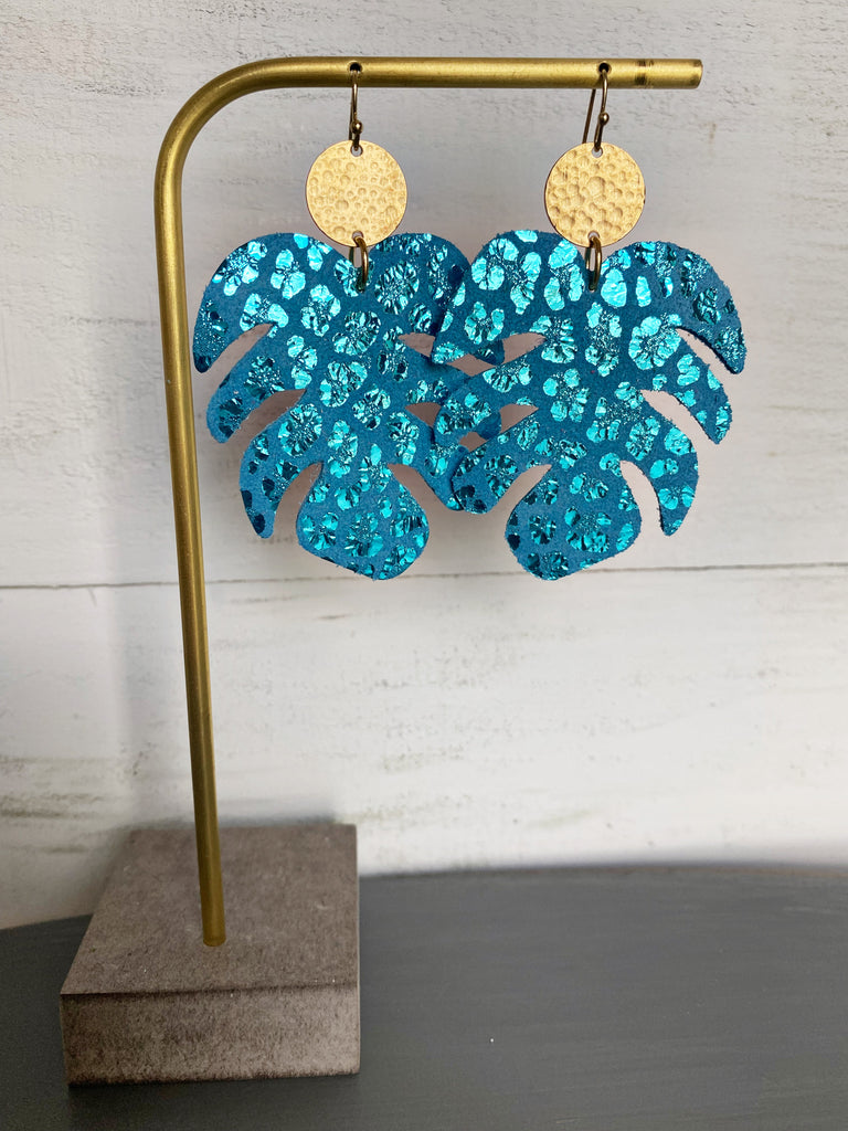 Monstera Leaf Leather Earrings - Turquoise Leopard-Single Layer Leather Earrings-Wholesale-Boutique-Clothing-Accessories