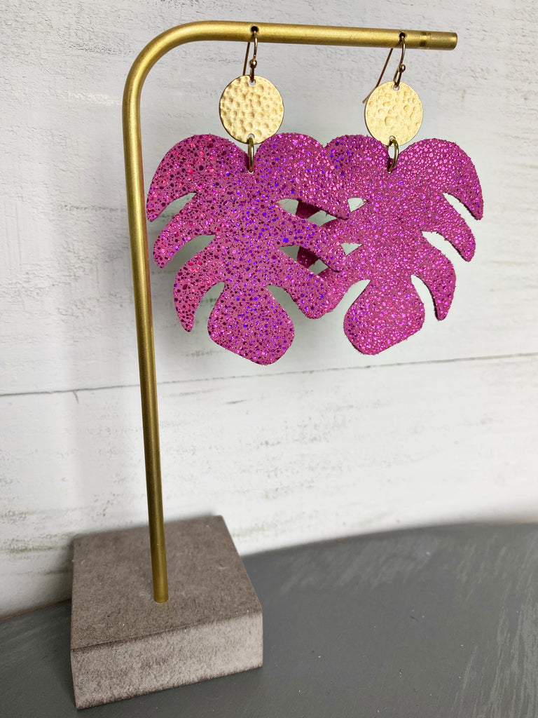 Monstera Leaf Leather Earrings - Fuchsia Sparkle Halo-Single Layer Leather Earrings-Wholesale-Boutique-Clothing-Accessories