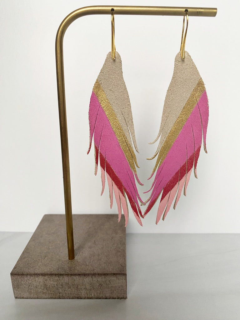 Diagonal Stripe Leather Earrings - Gold Hot Pink Red Pink-Short Feather Leather Earrings-Wholesale-Boutique-Clothing-Accessories