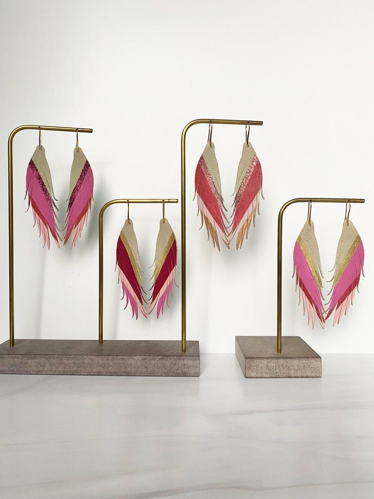 Diagonal Stripe Leather Earrings - Gold Magenta Pink Hot Pink-Short Feather Leather Earrings-Wholesale-Boutique-Clothing-Accessories