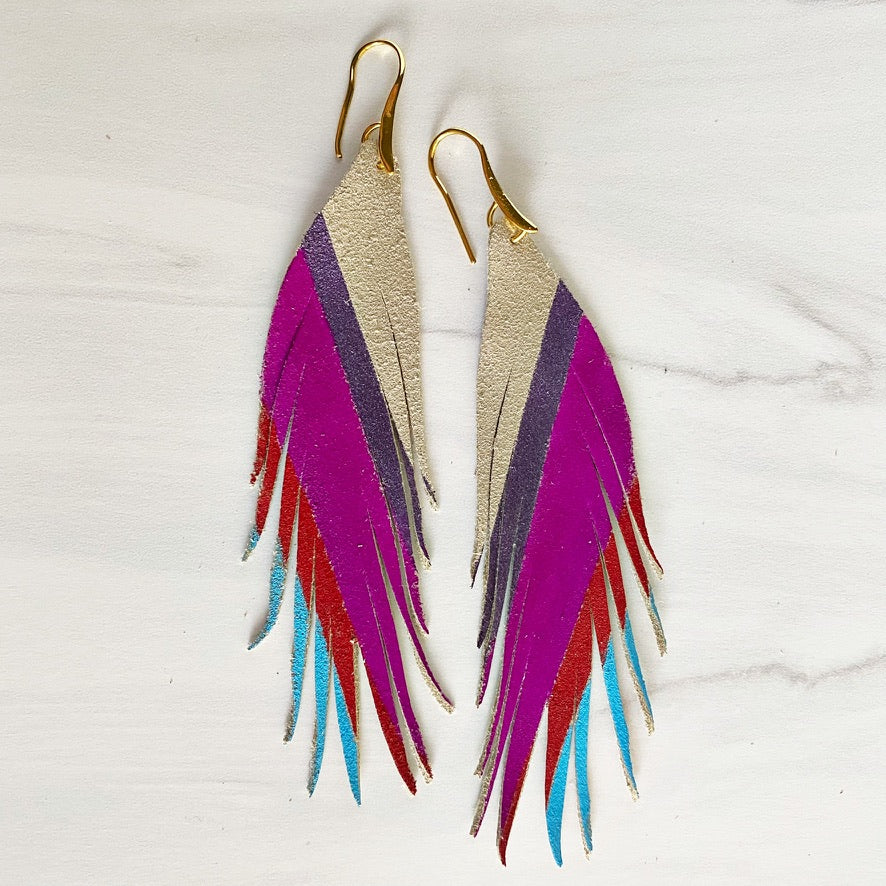 Short Feather Diagonal Stripe Leather Earrings - Blue Red Fuchsia Purple-Short Feather Leather Earrings-Wholesale-Boutique-Clothing-Accessories