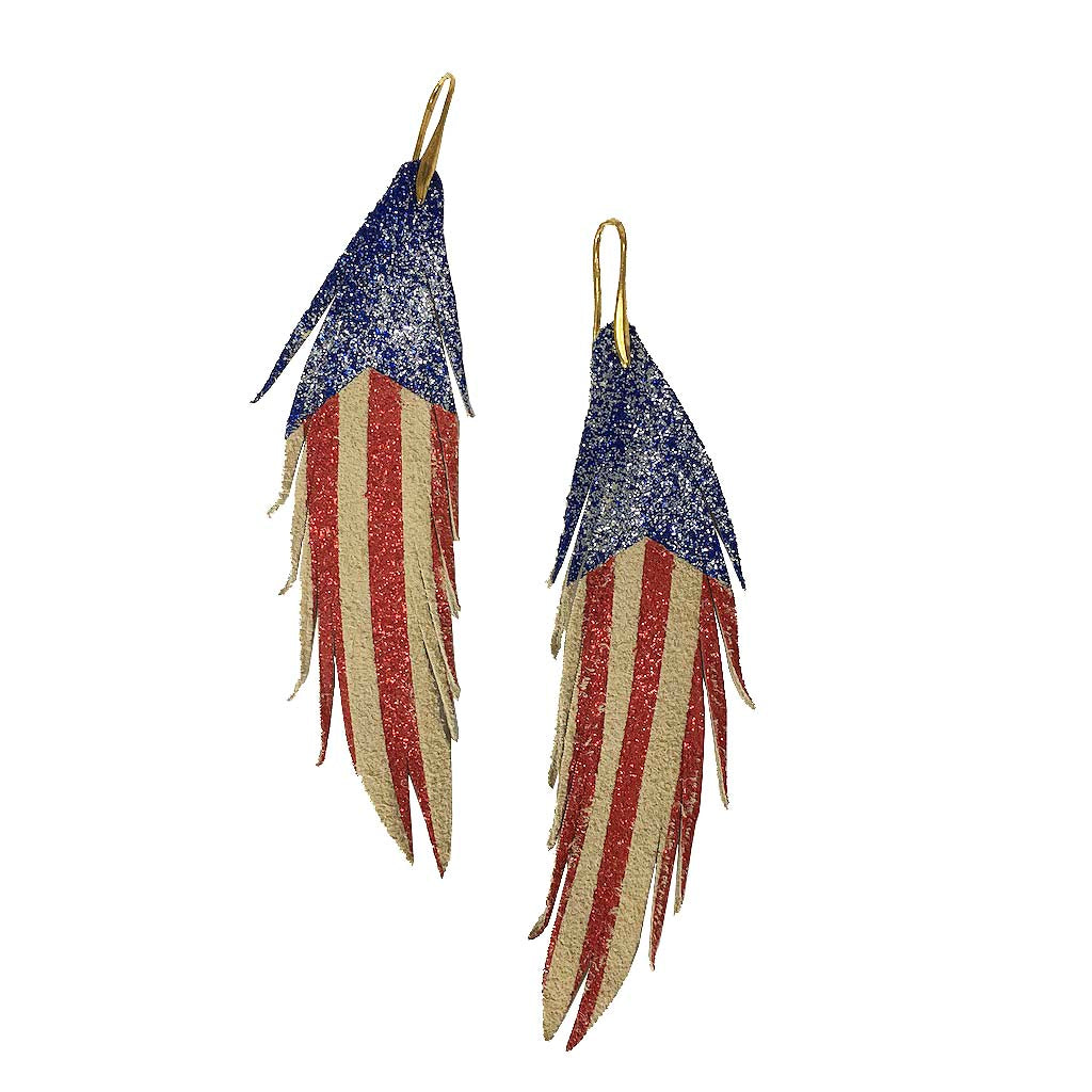 Red White and Blue Short Feather Leather Earring - Stripes-Short Feather Leather Earrings-Wholesale-Boutique-Clothing-Accessories