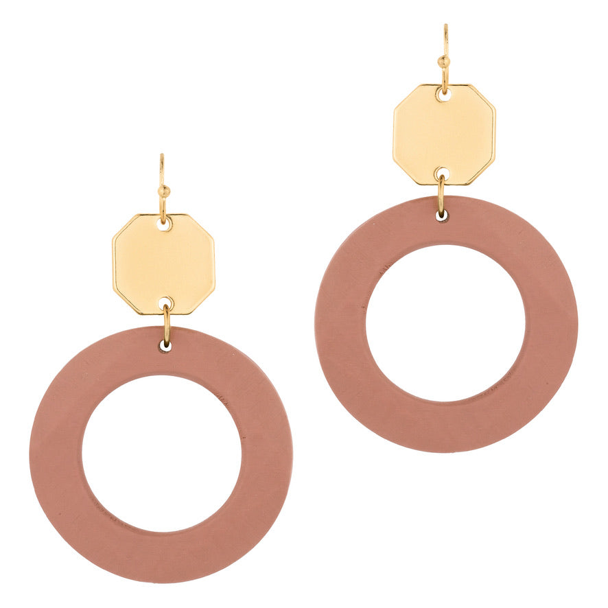 Gold Metal Charm Wood Circle Dangle Earrings - Dark Pink-Earrings-Wholesale-Boutique-Clothing-Accessories