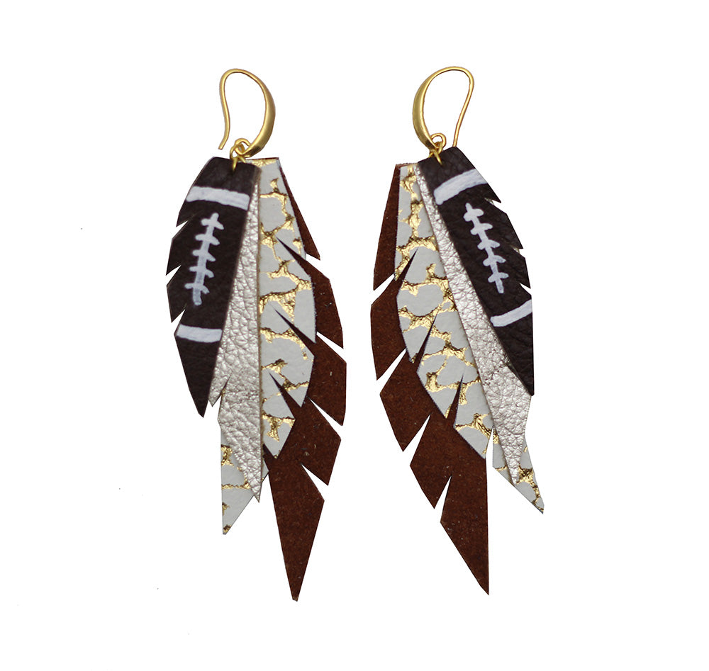 Layered Leather Football Earring - Burnt Orange and White-Layered Feather + Dipped Earrings-Wholesale-Boutique-Clothing-Accessories