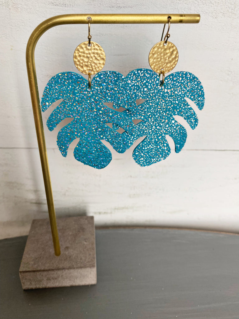 Monstera Leaf Leather Earrings - Turquoise Sparkle Halo-Single Layer Leather Earrings-Wholesale-Boutique-Clothing-Accessories