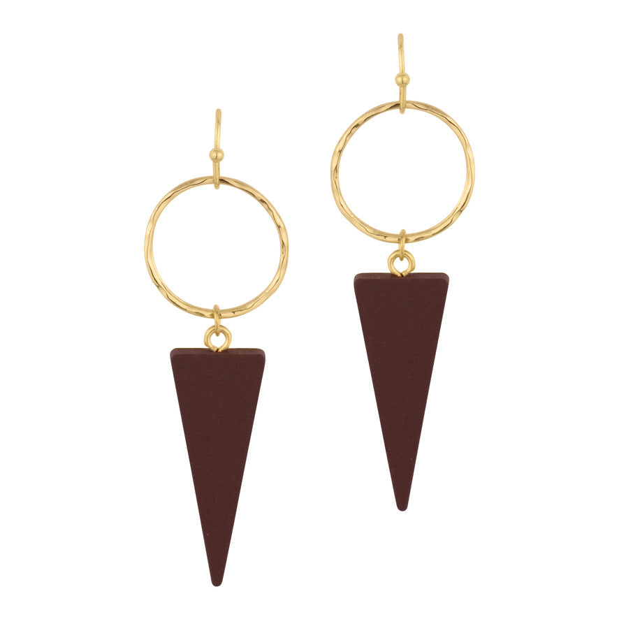 Metal Circle Wood Triangle Earrings - Wine-Earrings-Wholesale-Boutique-Clothing-Accessories
