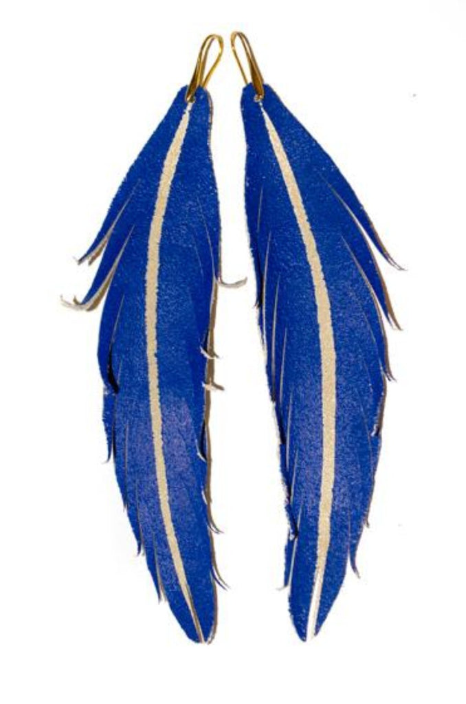 Long Feather Leather Earring - Cobalt Painted-Long Feather Leather Earrings-Wholesale-Boutique-Clothing-Accessories