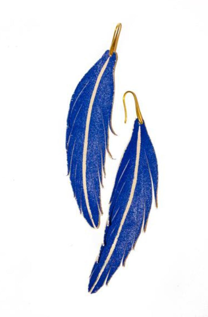 Short Feather Leather Earring - Cobalt Painted-Short Feather Leather Earrings-Wholesale-Boutique-Clothing-Accessories