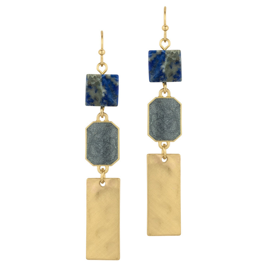Multi Stone Hammered Metal Bar Earrings - Lapis-Earrings-Wholesale-Boutique-Clothing-Accessories
