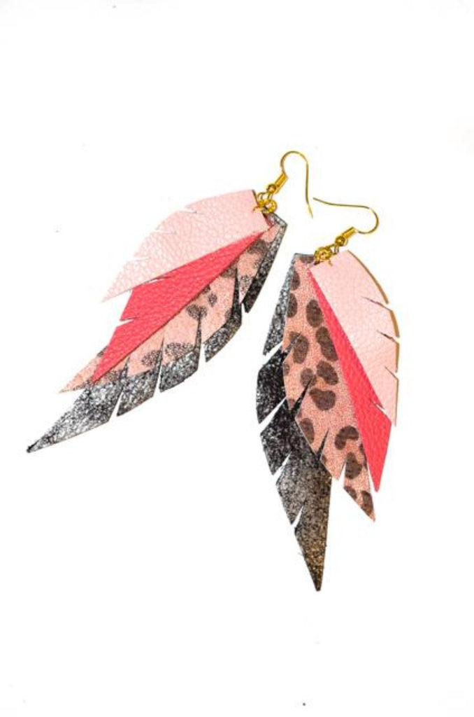 Layered Leather Earring - Hot Pink Layered Leopard-Layered Feather + Dipped Earrings-Wholesale-Boutique-Clothing-Accessories