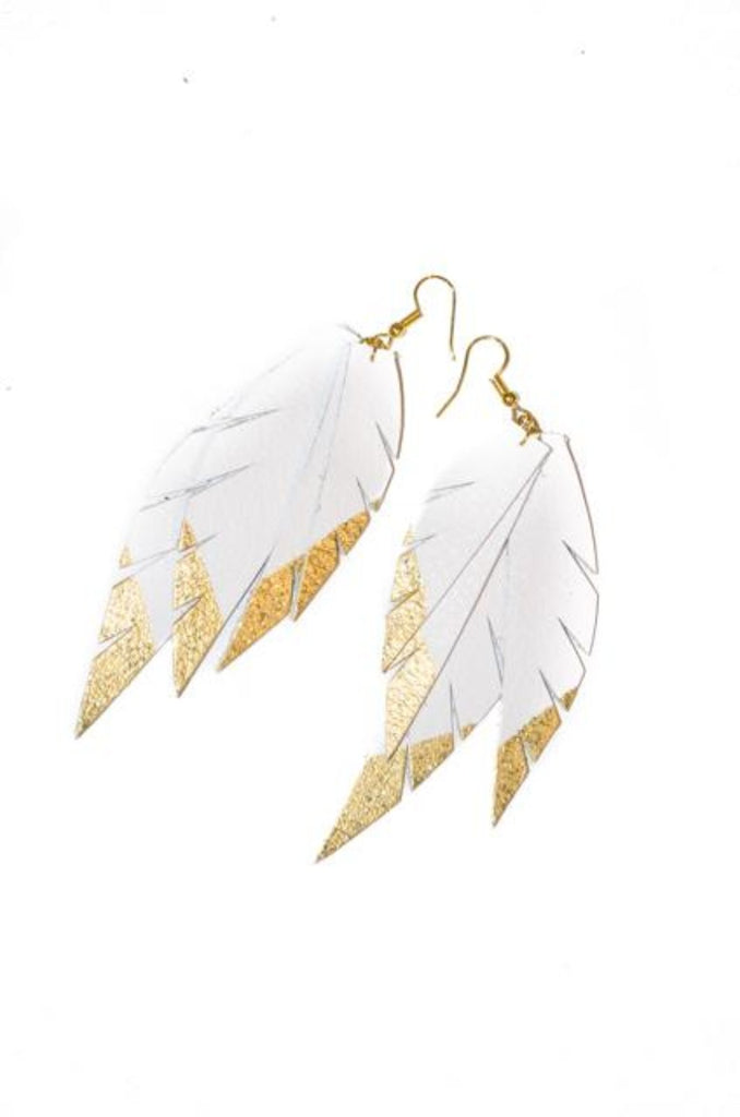 Layered Leather Earring- White/Gold Dipped-Layered Feather + Dipped Earrings-Wholesale-Boutique-Clothing-Accessories