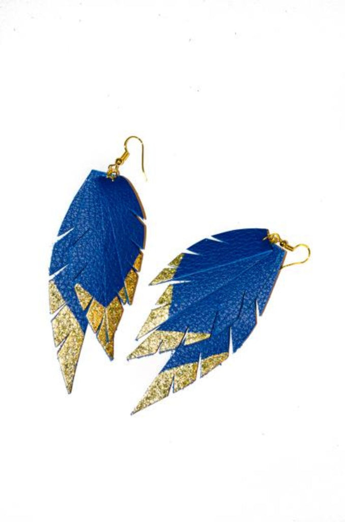 Layered Leather Earring- Cobalt/Gold Dipped-Layered Feather + Dipped Earrings-Wholesale-Boutique-Clothing-Accessories