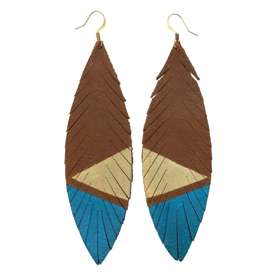 Feather Deerskin Leather Earrings - Champagne Blue Turquoise-Deerskin Leather Earrings-Wholesale-Boutique-Clothing-Accessories
