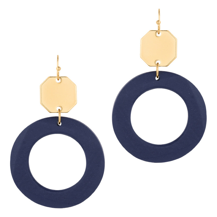 Gold Metal Charm Wood Circle Dangle Earrings - Navy-Earrings-Wholesale-Boutique-Clothing-Accessories