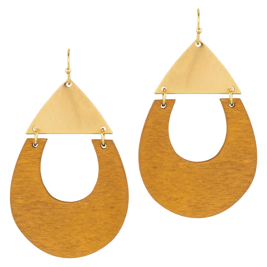 Metal Triangle Wood Teardrop Dangle Earrings - Mustard-Earrings-Wholesale-Boutique-Clothing-Accessories