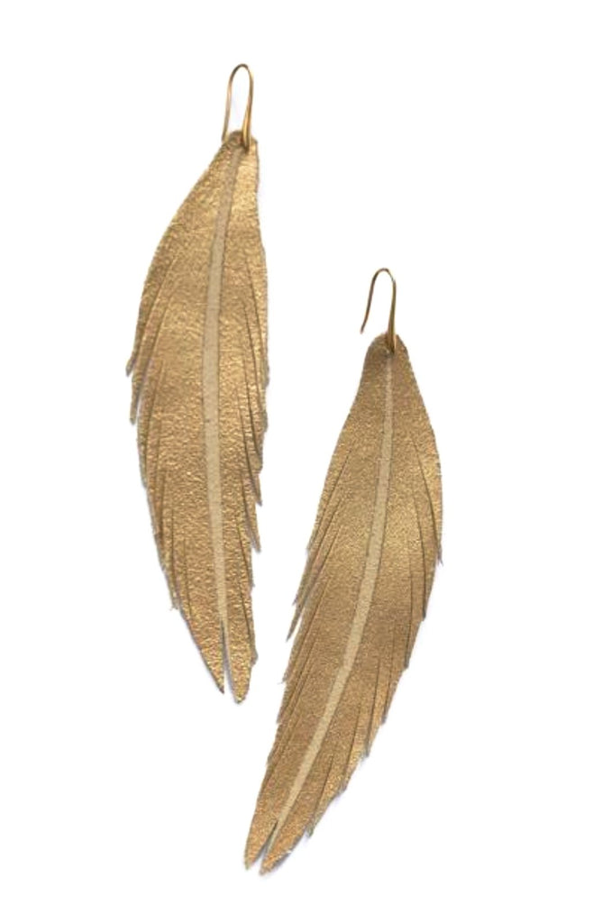 Long Feather Leather Earring - Gold Painted-Long Feather Leather Earrings-Wholesale-Boutique-Clothing-Accessories
