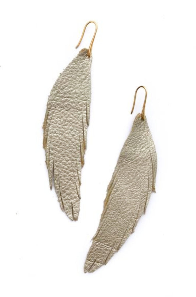 Short Feather Leather Earring - Gold Pebbled-Short Feather Leather Earrings-Wholesale-Boutique-Clothing-Accessories