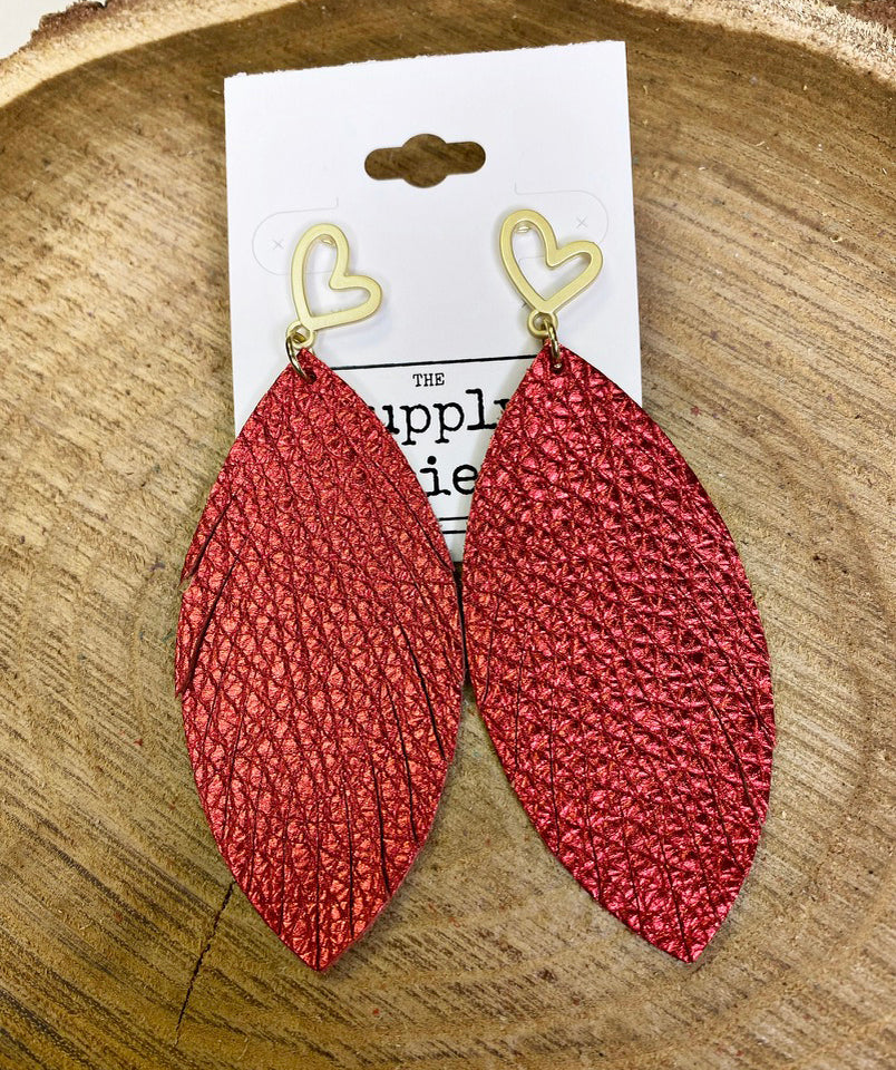 Heart Charm Leather Earrings - Red Sparkle-Single Layer Leather Earrings-Wholesale-Boutique-Clothing-Accessories
