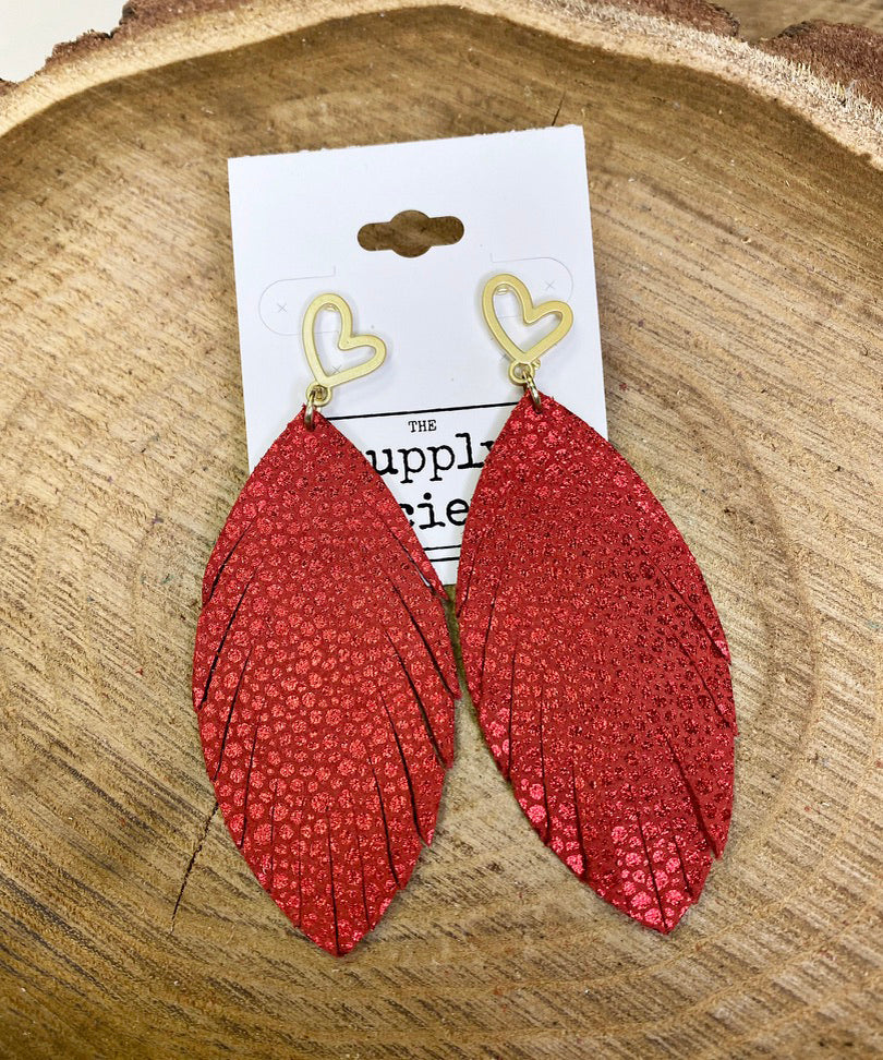 Heart Charm Leather Earrings - Red Stingray-Single Layer Leather Earrings-Wholesale-Boutique-Clothing-Accessories