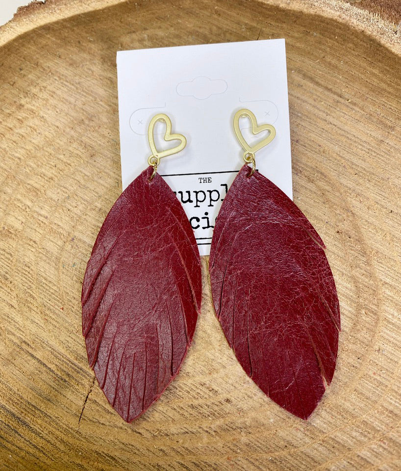Heart Charm Leather Earrings -Dark Red-Single Layer Leather Earrings-Wholesale-Boutique-Clothing-Accessories