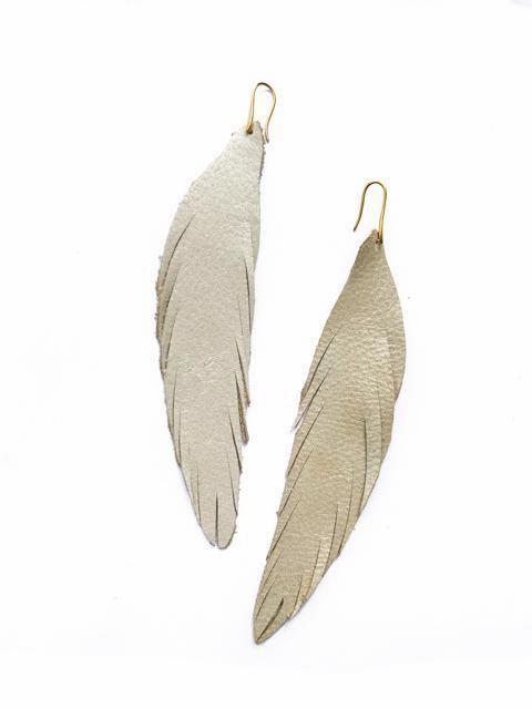 Long Feather Leather Earring - Gold Pebbled-Long Feather Leather Earrings-Wholesale-Boutique-Clothing-Accessories